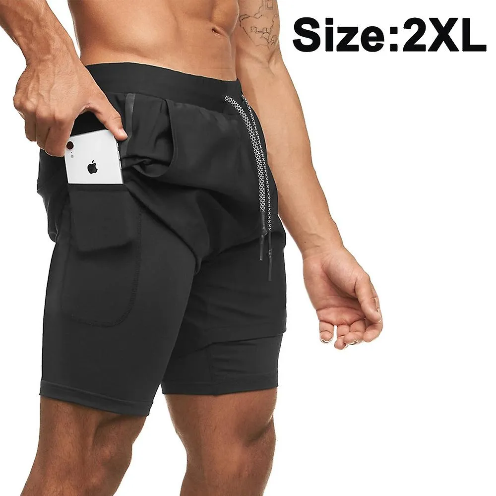 1 pcs Men's 2-in-1 Running Shorts Lightweight Yoga Pants,XXL,Black