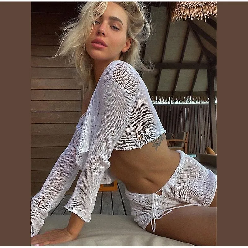 2024 Sexy Beach Crop Top Shorts Sets Women Knit Long Sleeve Lace Up Female Suit Summer Holiday See Through 2 Piece Set Womens