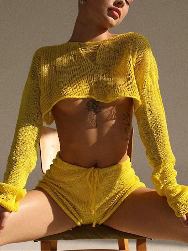 2024 Sexy Beach Crop Top Shorts Sets Women Knit Long Sleeve Lace Up Female Suit Summer Holiday See Through 2 Piece Set Womens