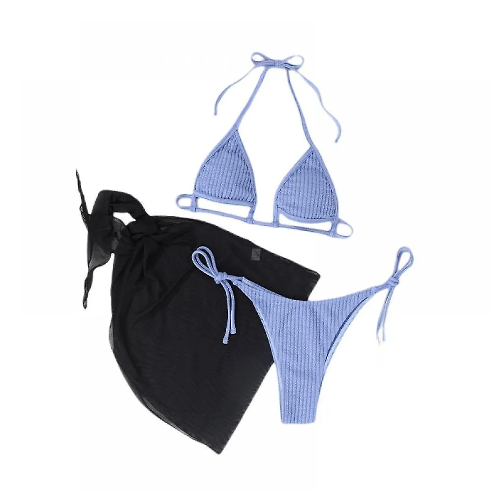 3 Pcs Ladies' Split Bikini, Knitted Hollow Sexy Lace Swimsuit and Gauze for Vacation, Spa, Sand Bath, Haze Blue (L)