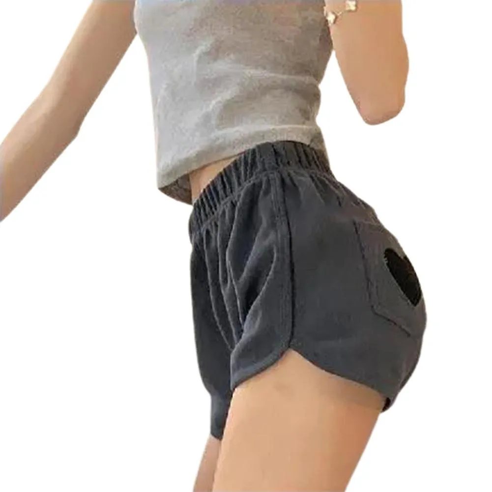 High Waist Loose Shorts with Love Pocket and Cute Heart Patches for Women