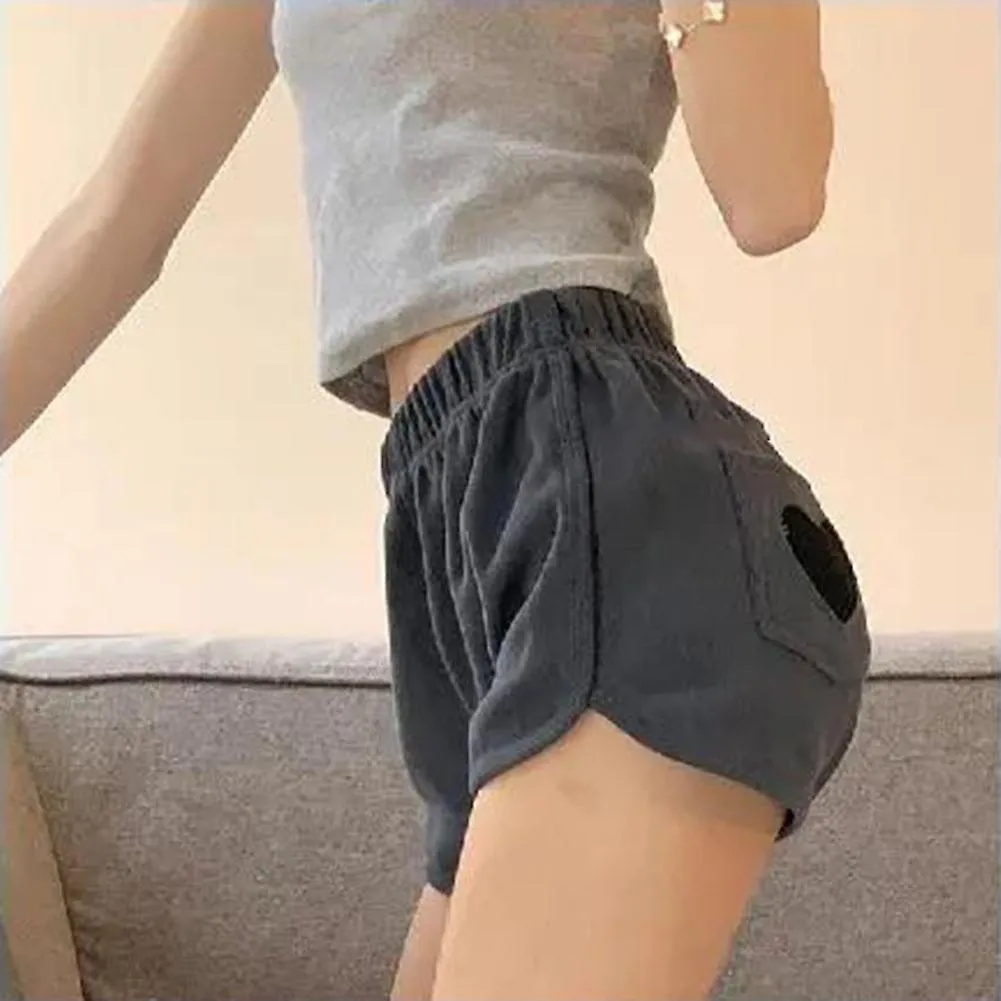 High Waist Loose Shorts with Love Pocket and Cute Heart Patches for Women