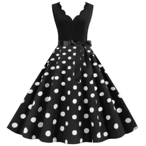 Mujer Polka Dot Rockabilly Vestido sin mangas Vestido con cinturón Swing Hepburn A-line Vestidos(jy14724)