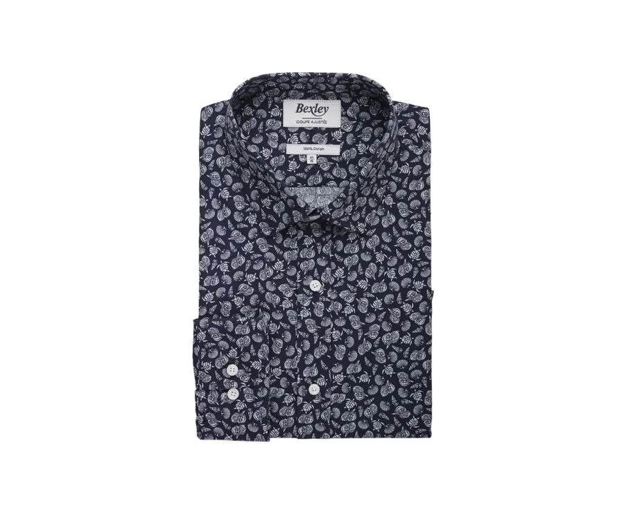 Navy shirt with Sage Green prints - Straight collar - ADELIN