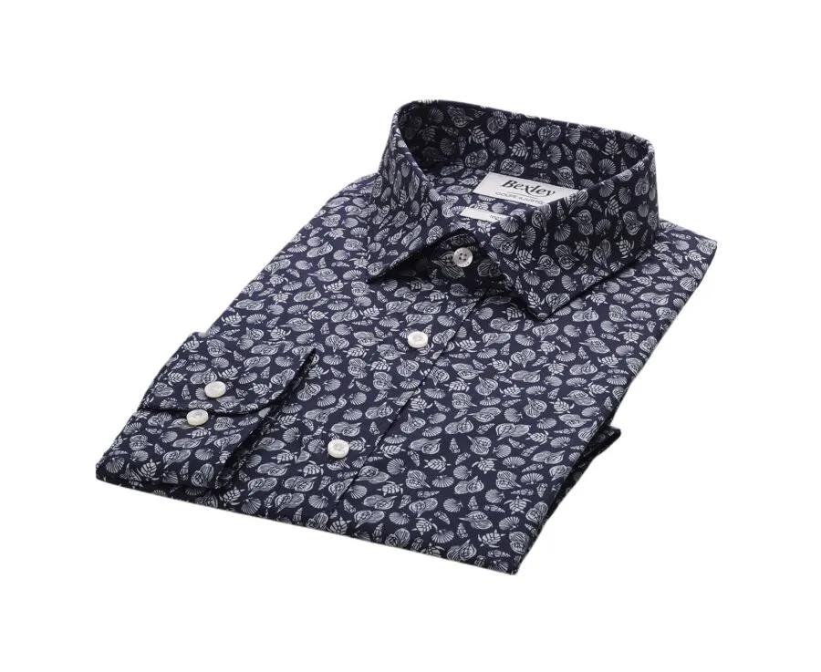 Navy shirt with Sage Green prints - Straight collar - ADELIN