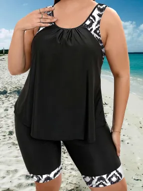 New models Chic Plus Size Tankini Set - Trendy Graphic 2-Piece Swimwear with Comfort Fit Round Neck Top & Shorts for Beach G