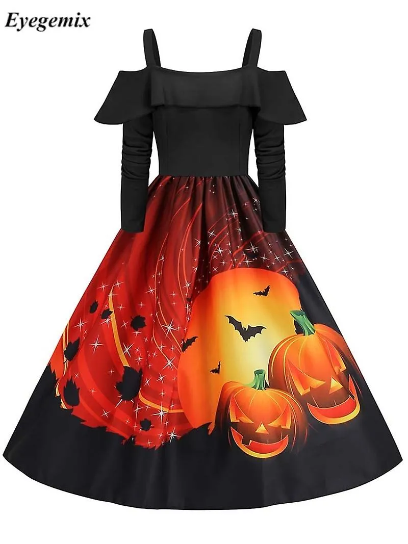 Otwoo Women Vintage Long Sleeve Halloween Dress 1950s 60s Elegant Spaghetti Strap Evening Party Prom Costumes