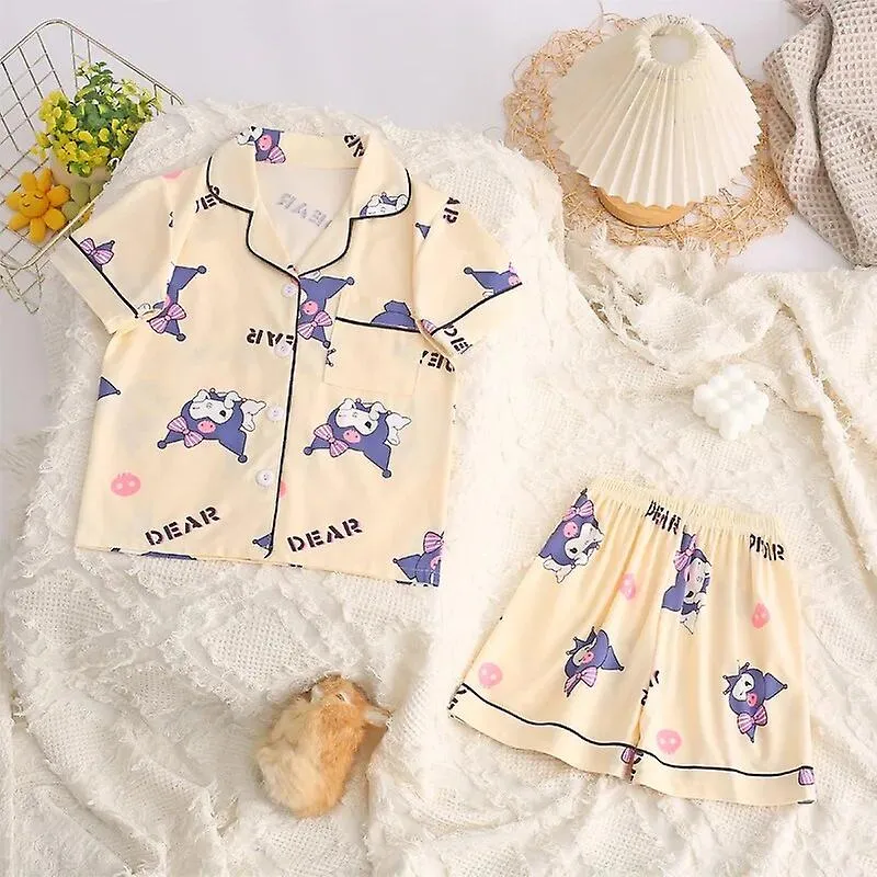 Sanrio Kawaii Cinnamoroll Kuromi My Melody Summer Kids Sleepwears Cartoon Short Sleeve Shorts Cardigan Pajama Sets Homewear Gift