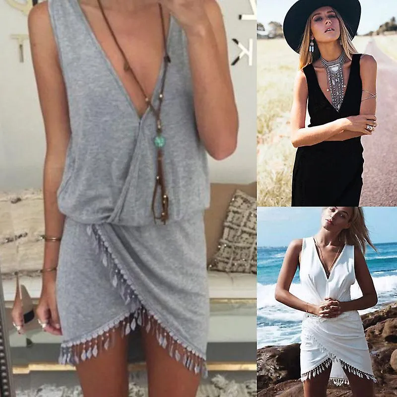 Sexy Bikini Cover Up Vrouwen Diepe V-hals Strand Jurk Met Kwastje Beachwear Badmode Effen Tuniek Sarong Zomerjurk