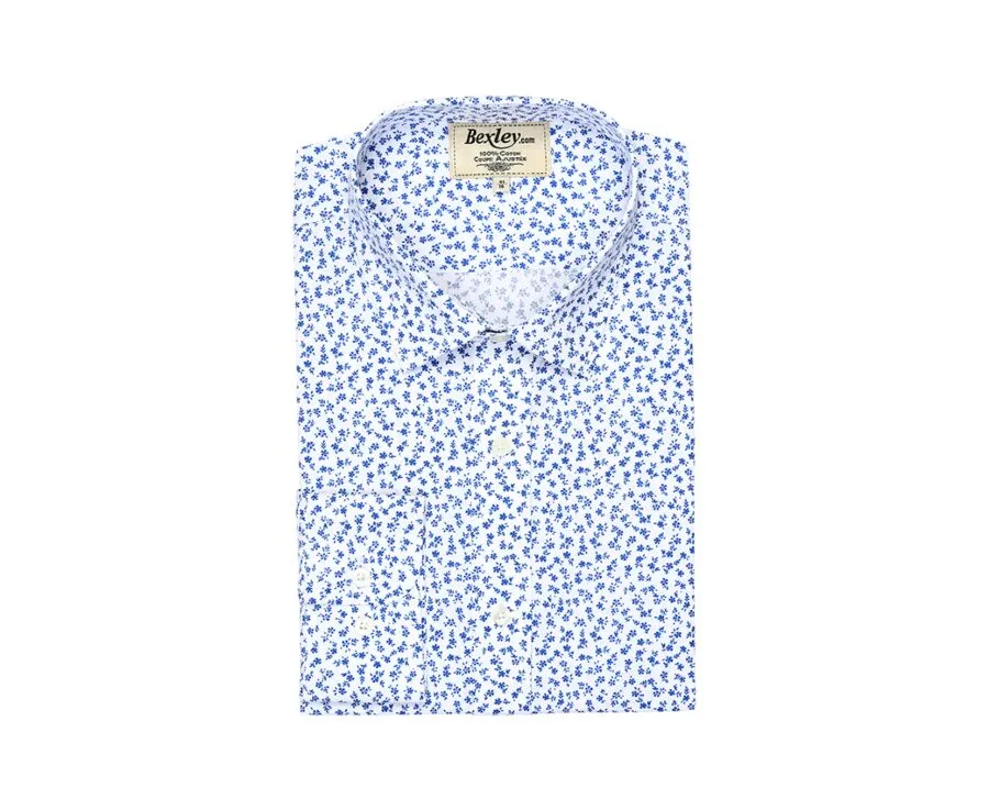 White printed shirt with blue flowers - Straight collar - MATHURIN