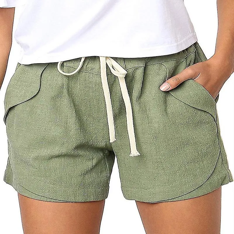 Women Cotton Linen Summer Drawstring Elastic Waist Shorts Pants