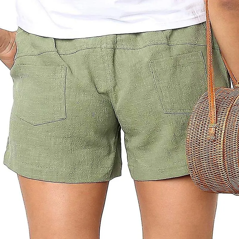 Women Cotton Linen Summer Drawstring Elastic Waist Shorts Pants