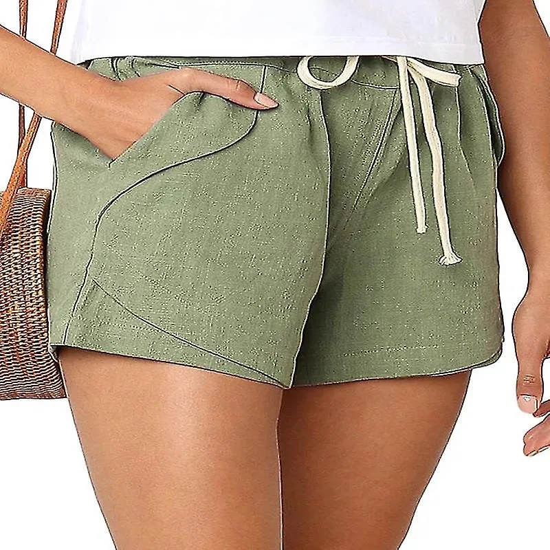 Women Cotton Linen Summer Drawstring Elastic Waist Shorts Pants