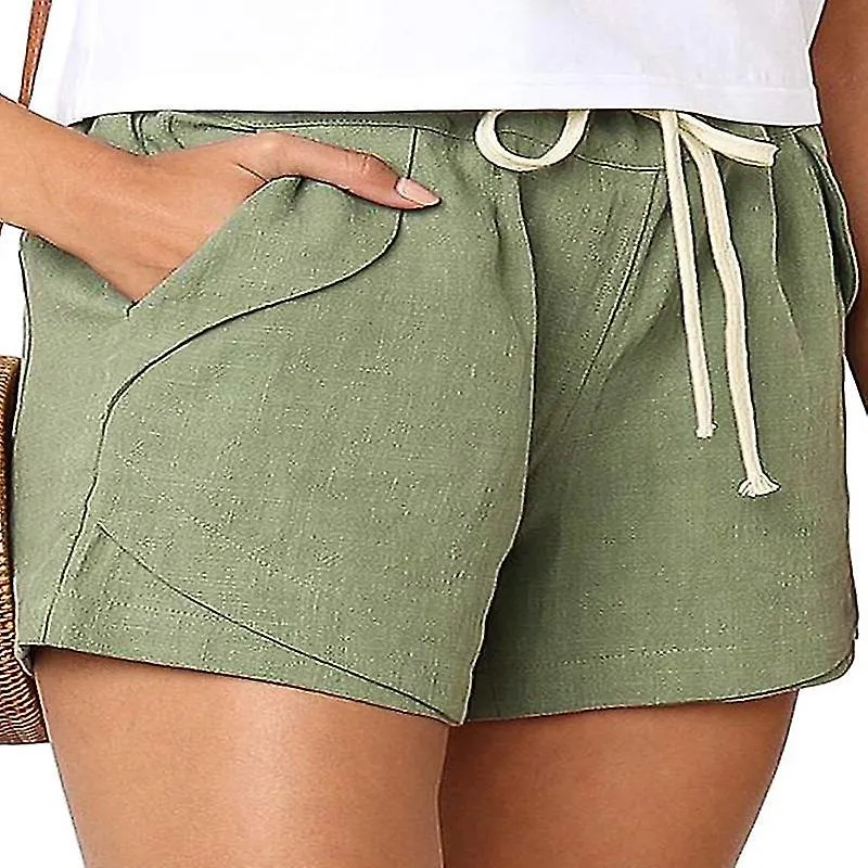 Women Cotton Linen Summer Drawstring Elastic Waist Shorts Pants