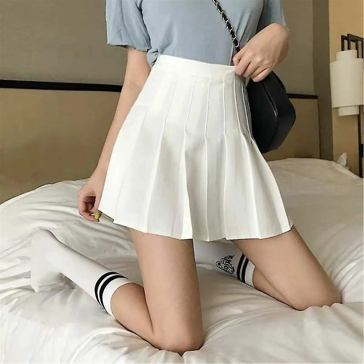 Women High Waisted Plain Pleated Skirt Sr Tennis A-line Mini Skirt Lining Shorts