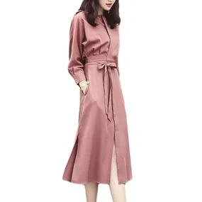 Women Lady Long Sleeve Solid Color Split Elegant Dress For Autumn Beach Party