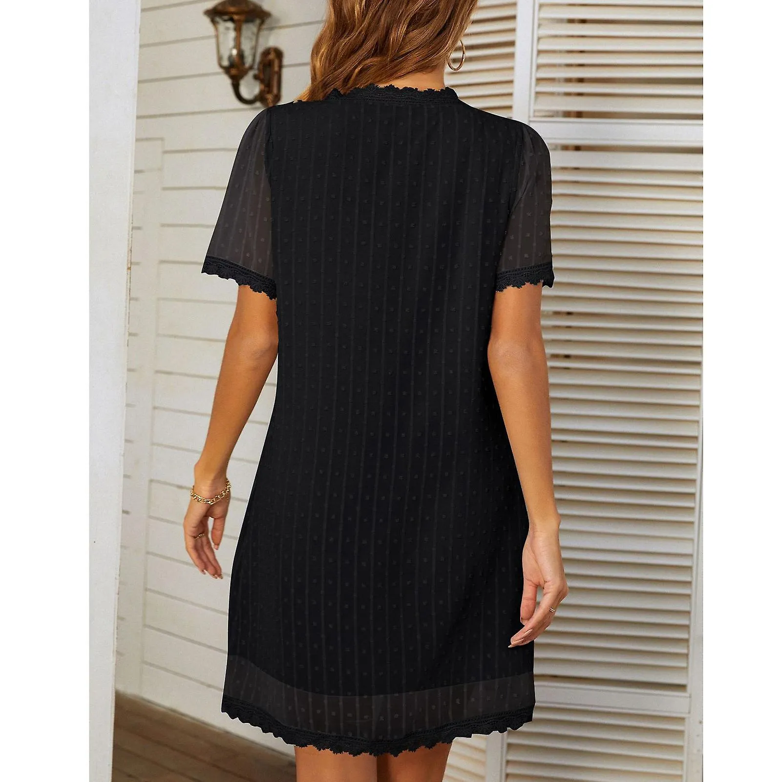 Women V Neck Short Sleeve Dot Lace Dress Above Knee Fashion Elegant For Home Party Work Date