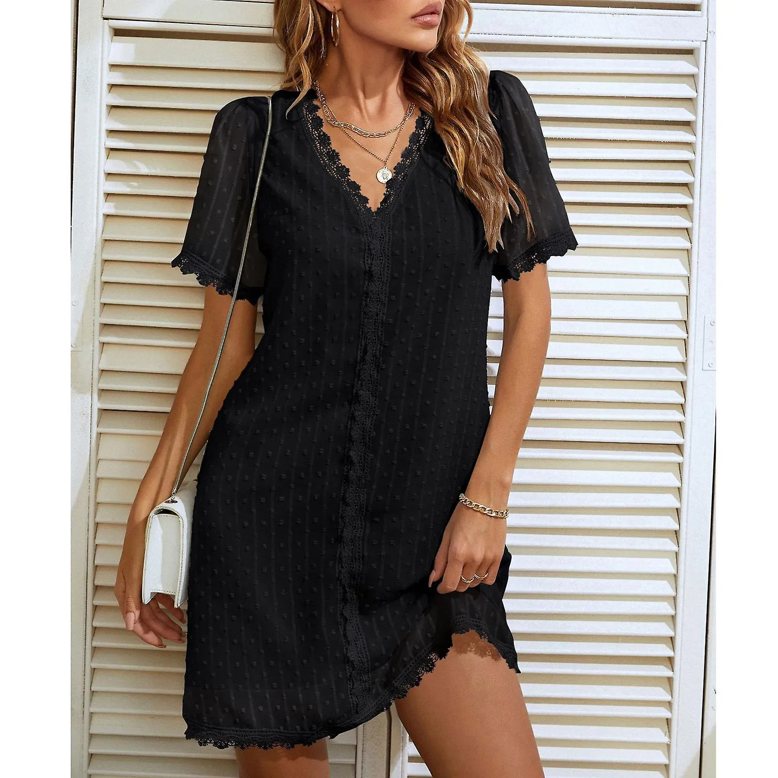 Women V Neck Short Sleeve Dot Lace Dress Above Knee Fashion Elegant For Home Party Work Date