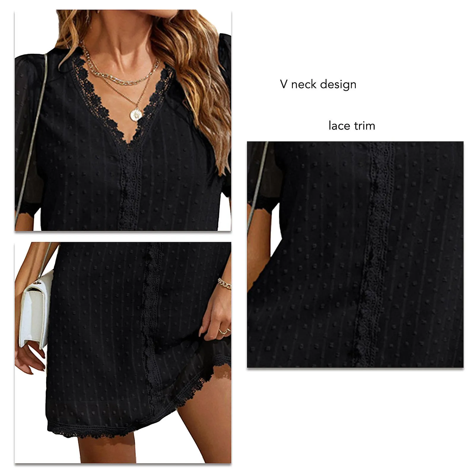 Women V Neck Short Sleeve Dot Lace Dress Above Knee Fashion Elegant For Home Party Work Date