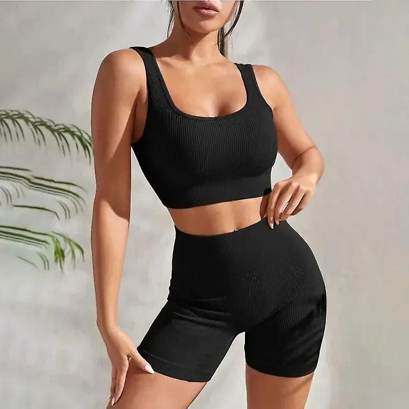 Women's 2-piece ribbed seamless breathable sports strap vest high-waisted shorts tracksuit