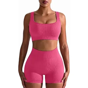 Women's 2-piece ribbed seamless breathable sports strap vest high-waisted shorts tracksuit