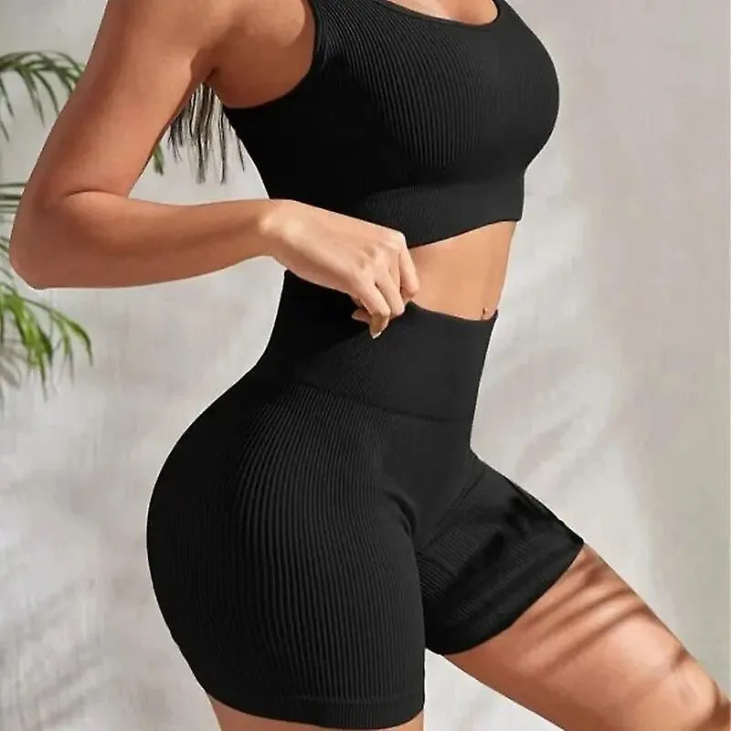 Women's 2-piece ribbed seamless breathable sports strap vest high-waisted shorts tracksuit