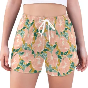 Women's Athletic Shorts Pink Flowers and Leaves Watercolor Workout Running Gym Quick Dry Liner Shorts with Pockets-Ggb89