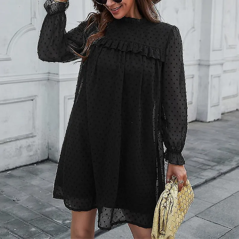 Women's Crew Neck Jacquard Short Dress Ruffle Long Sleeve Dot Loose Mini Dress