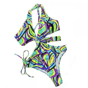 Women's One-piece Swimsuit, Hollowed-out Drawcord Single-shoulder Diagonal Shoulder Open-back Bikini, Colored (L)