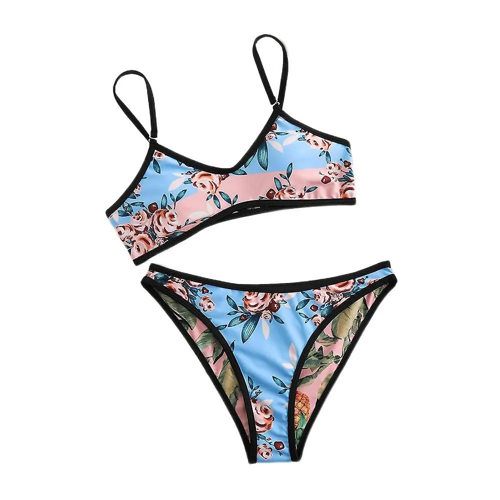 Women's Retro Sexy Bikini, Double-sided Printed Mid-waist Suspenders, Backless Swimsuit, Blue Pink (S)