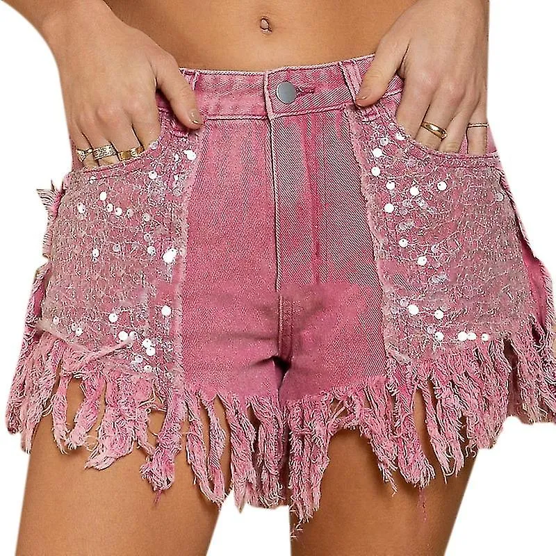 Women's Sequin Pockets Curly Fringe Casual Denim Shorts