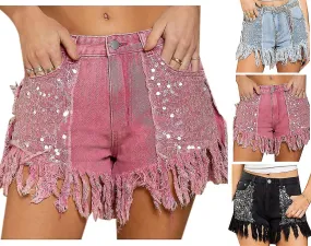 Women's Sequin Pockets Curly Fringe Casual Denim Shorts