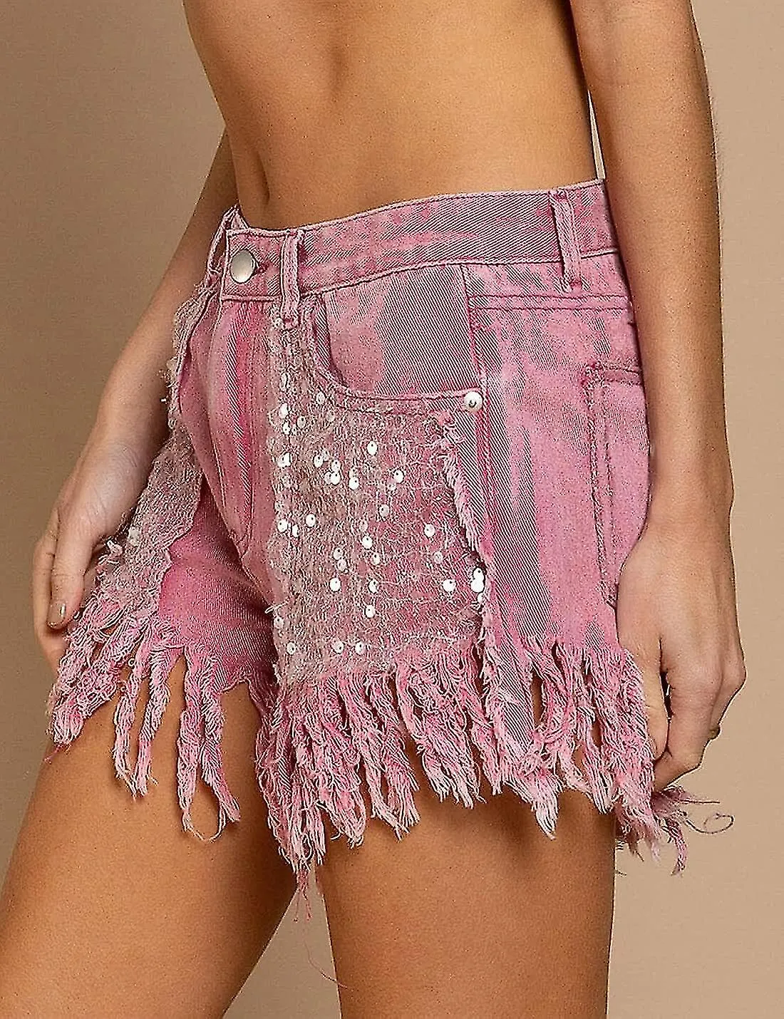 Women's Sequin Pockets Curly Fringe Casual Denim Shorts