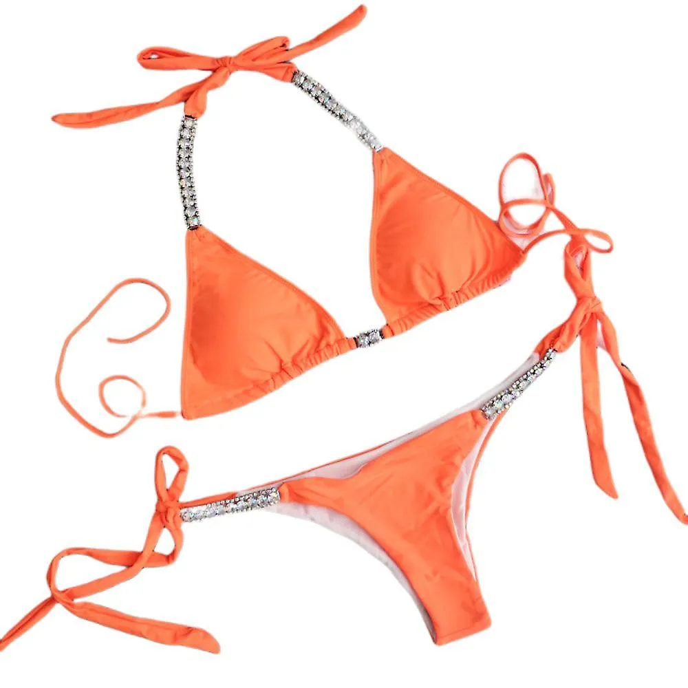 Women's Split Swimsuit, Solid Color Tight Sexy Neck Strap with Rhinestone Bikini for Swimming, Vacation, Spa, Orange (L)