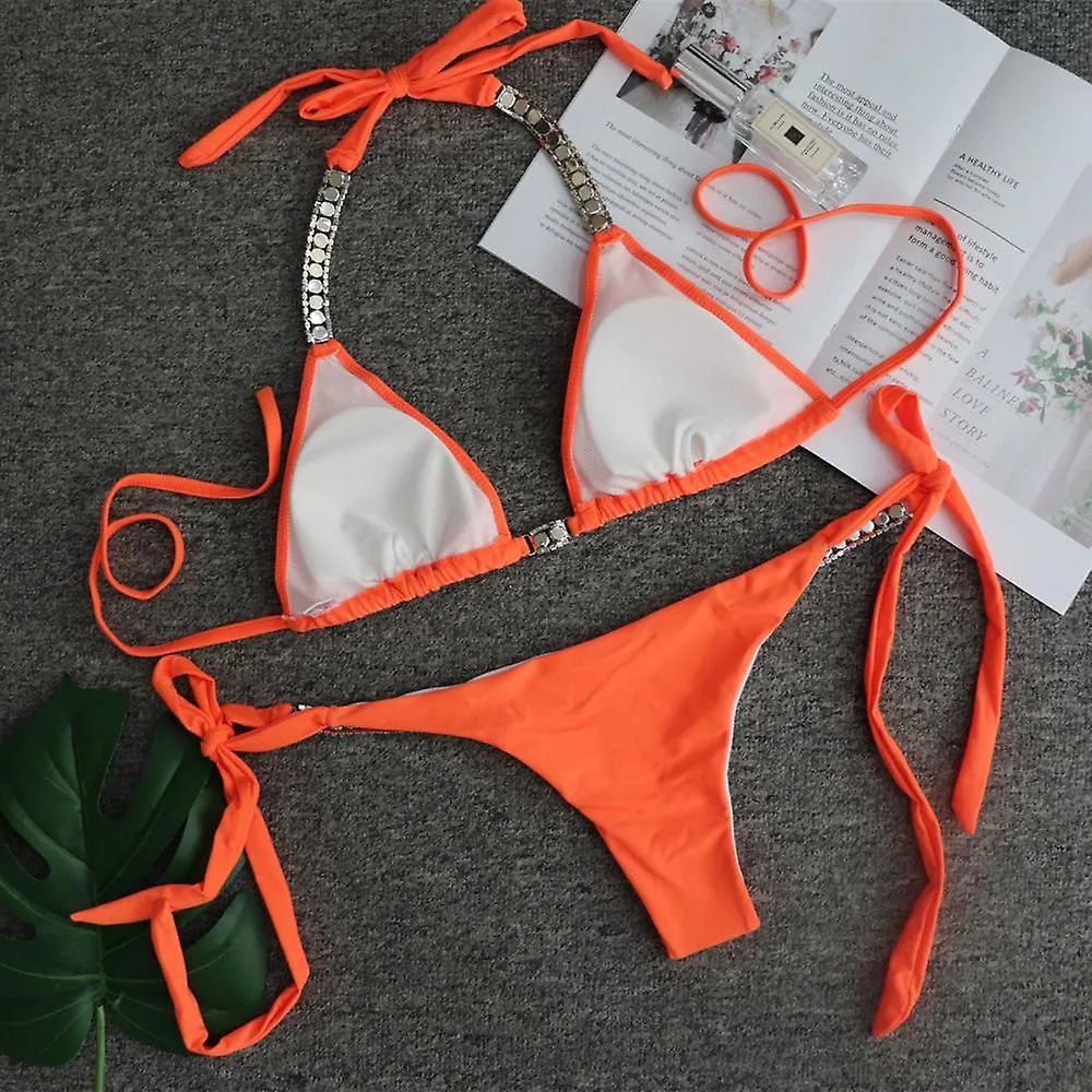 Women's Split Swimsuit, Solid Color Tight Sexy Neck Strap with Rhinestone Bikini for Swimming, Vacation, Spa, Orange (L)