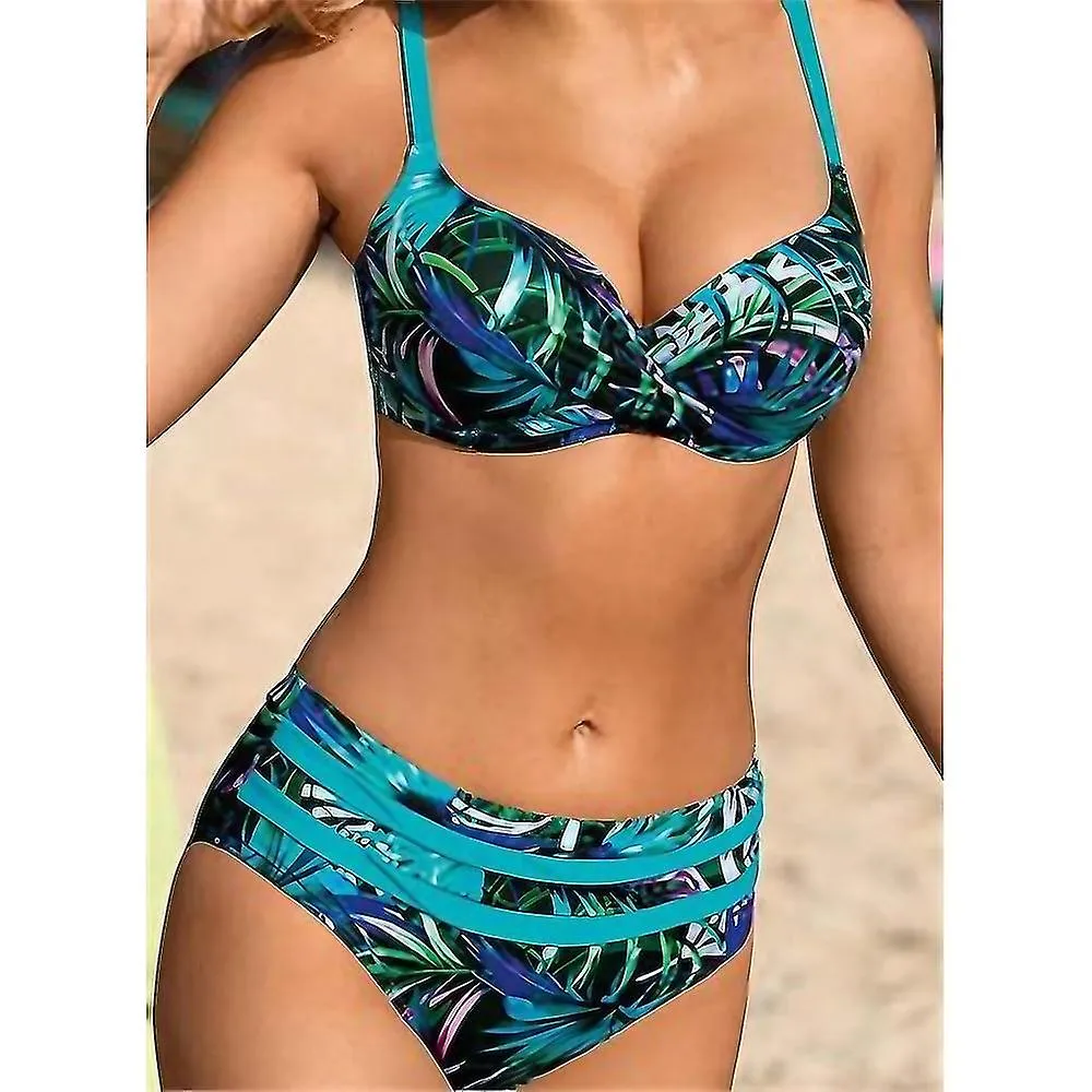 Women's Swimwear Bikini 2 Piece Swimsuit Backless 2 Piece Push Up Sexy Printing Leaf V Wire Vacation Beach Wear Bathing Suit