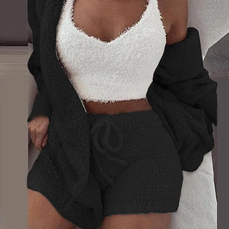 Women's winter plush fluff sleepwear casual 3 piece sets pajamas set long sleeve coat v-neck vest shorts pants suit